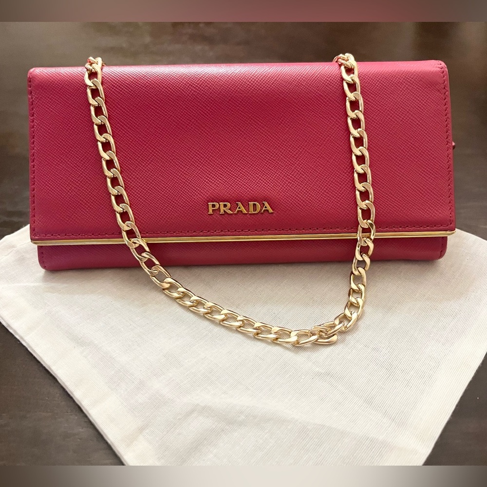 Prada Saffiano Leather Flap Wallet - Pink with Gold Crossbody Chain